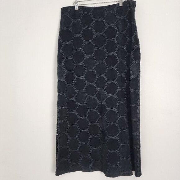 Danier Genuine Leather Black Suede Hexagon Maxi Skirt Size 14 Drk Boho Cowgirl - Picture 2 of 12